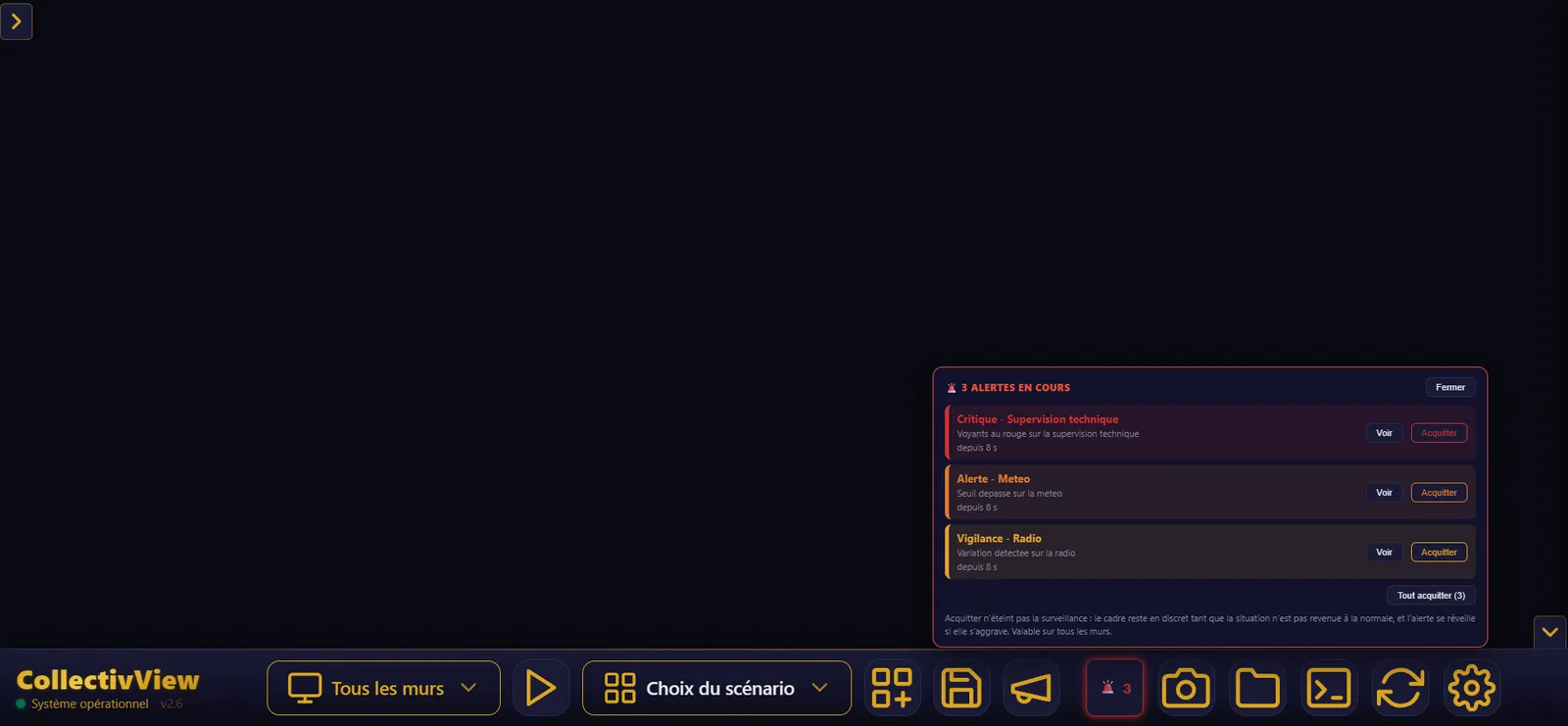 Liste des alertes en cours dans CollectivView, chacune avec un bouton Voir et un bouton Acquitter, et un bouton « Tout acquitter »