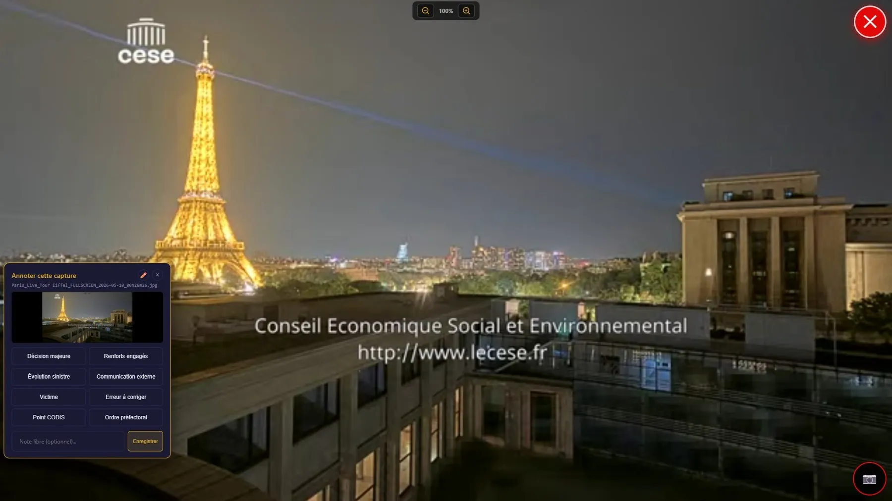Panneau d'annotation d'une capture CollectivView avec les motifs Décision majeure, Renforts engagés, Victime ou Point CODIS