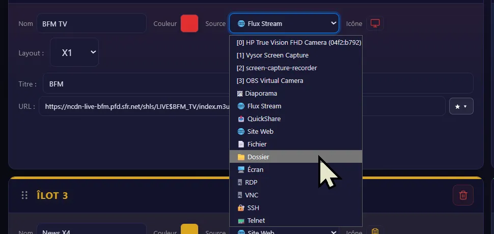 Liste déroulante des sources CollectivView : caméras et cartes de capture détectées, flux, site web, dossier, écran, RDP, VNC, SSH