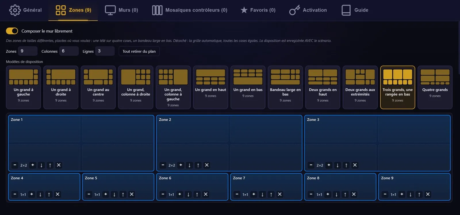 Panneau « Composer le mur librement » de CollectivView : les douze modèles de disposition en vignettes et un plan de neuf zones