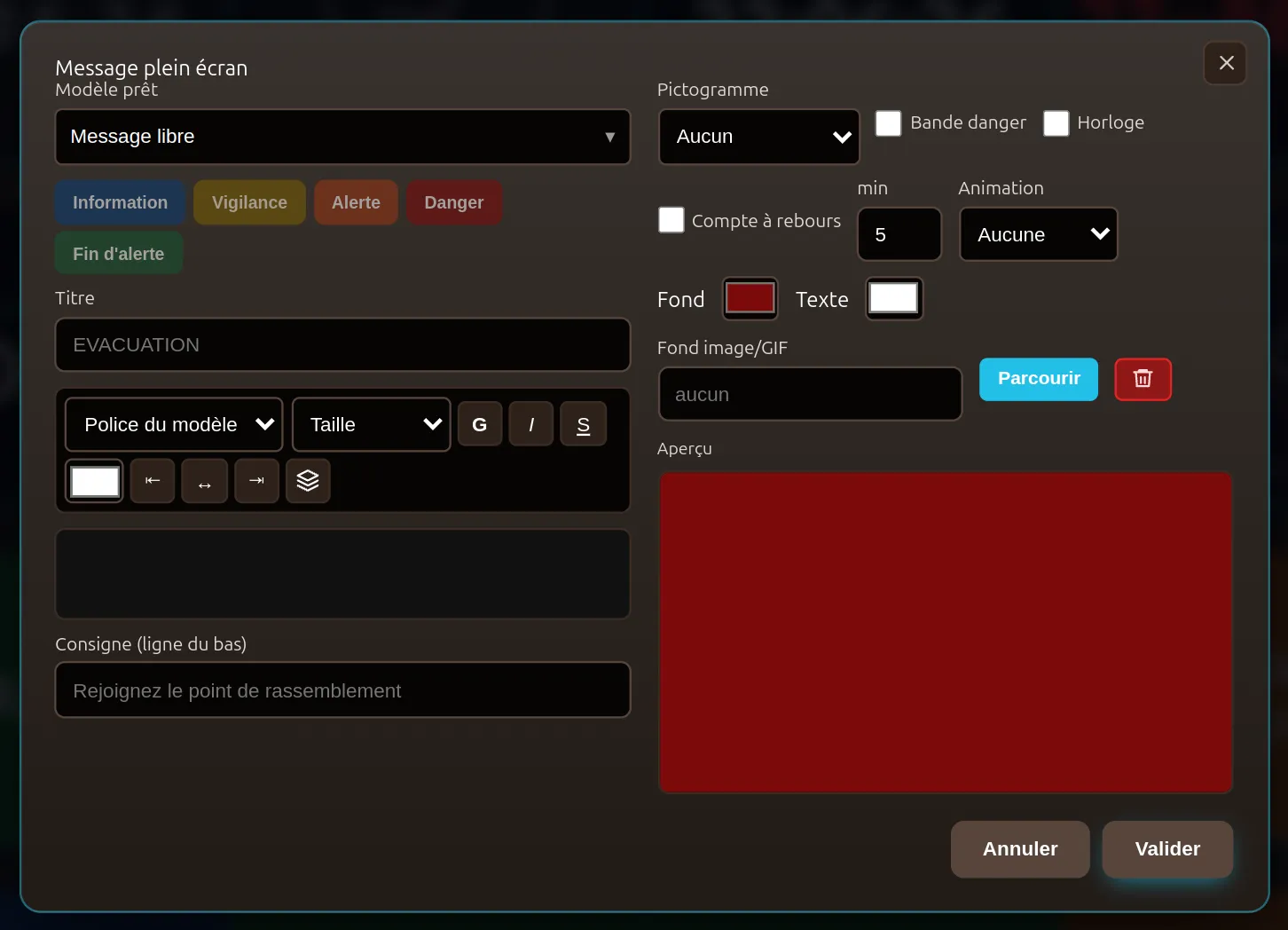 Compositor de mensagens de alerta: as definições à esquerda, a pré-visualização em direto à direita, para uma mensagem de emergência legível à distância