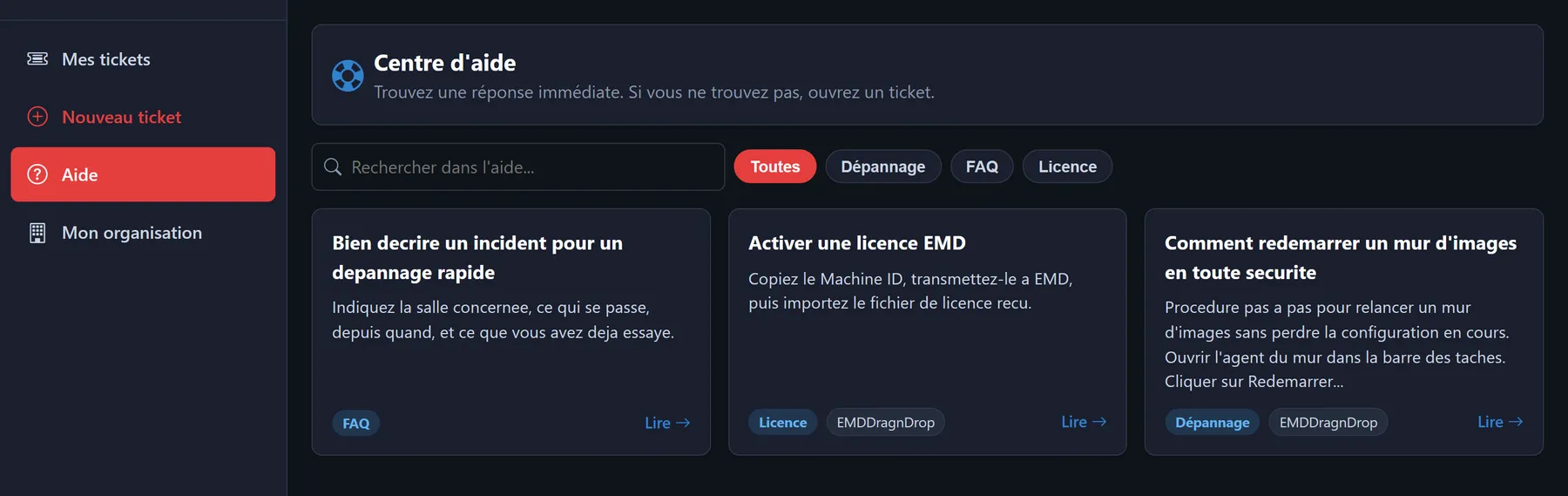 Base de connaissances du portail EMD : articles de dépannage, questions fréquentes et activation de licence