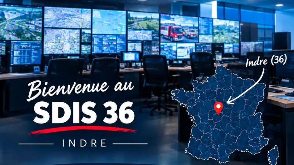 Salle opérationnelle équipée d'un mur d'images, avec une carte de France pointant l'Indre : bienvenue au SDIS 36