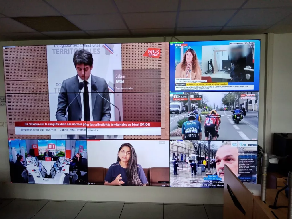 Mur d'images du SDIS 29 affichant plusieurs flux TV et web en simultané
